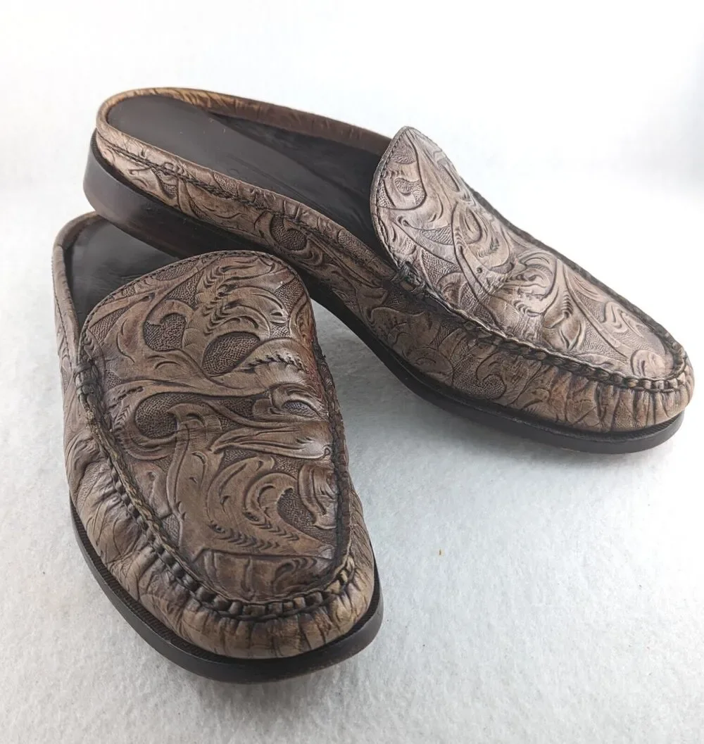 Cole Haan wmns 7B Slides Open Back Tooled Leather Brown Leather Soles Preowned